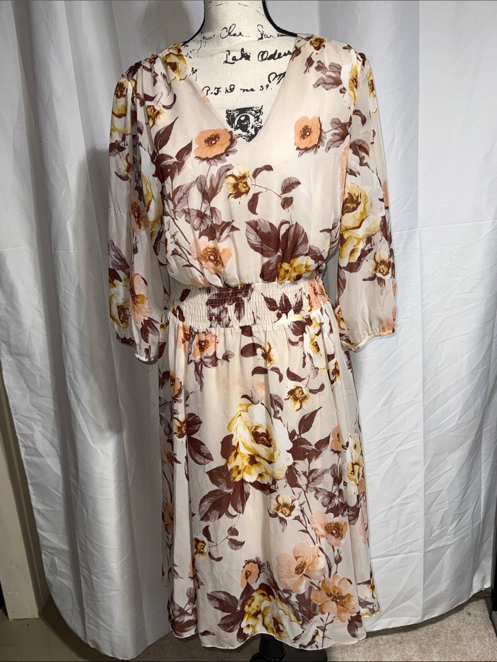 Kate & Lily Floral V-Neck Cream and Brown Midi Dress